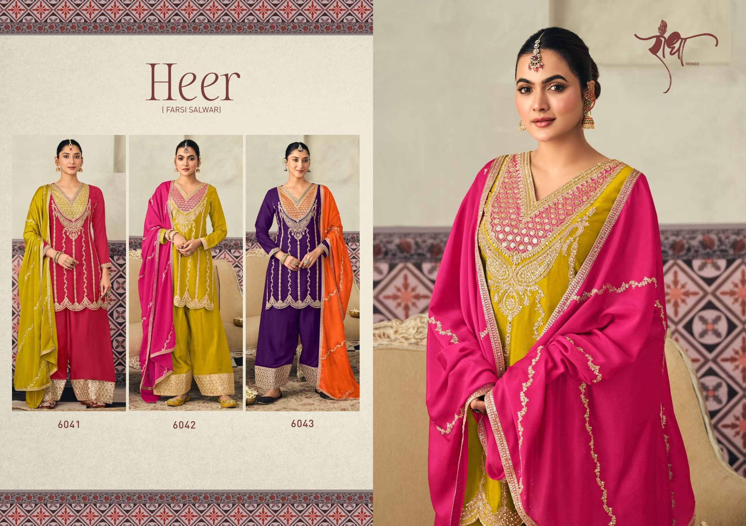Heer By RADHA TRENDZ 6041 To 6043 Series Sharara Suits Beautiful Fancy Colorful Stylish Party Wear & Occasional Wear Premium Chinnon Dresses At Wholesale Price